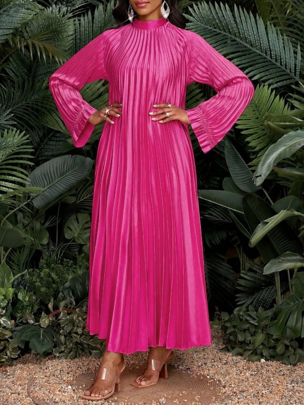 Hot Pink Casual Women's Plus Size Long Sleeve Pleated Maxi Dress - Picture 4 of 6